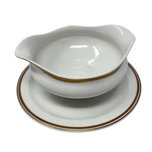 VTG OP CO Syracuse China Gravy Boat with Attached Plate White & Gold Old Colony